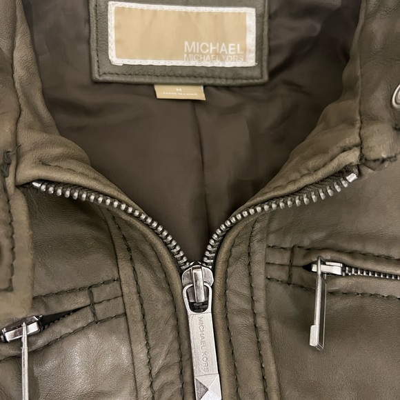 Michael Kors Leather Motorcycle Biker Jacket Olive Green - Picture 2 of 3